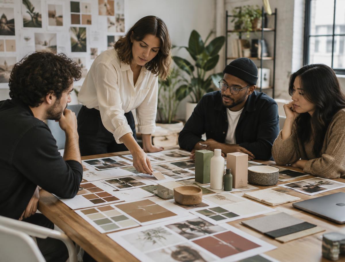 Equipe de agência criativa discutindo uma campanha com moodboards, paletas de cores e amostras de embalagem