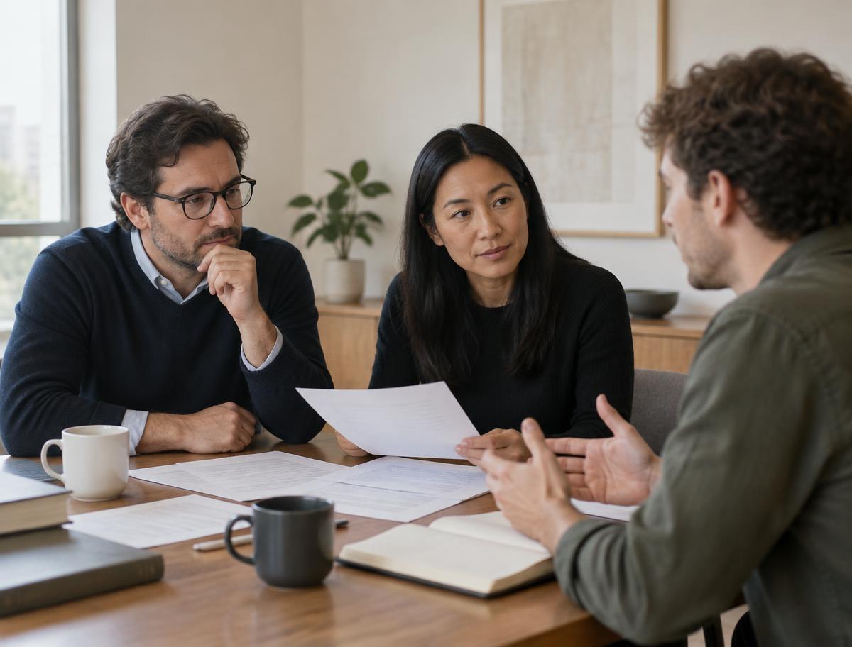 Investidores analisando o plano de negócio de uma startup em conversa com o fundador