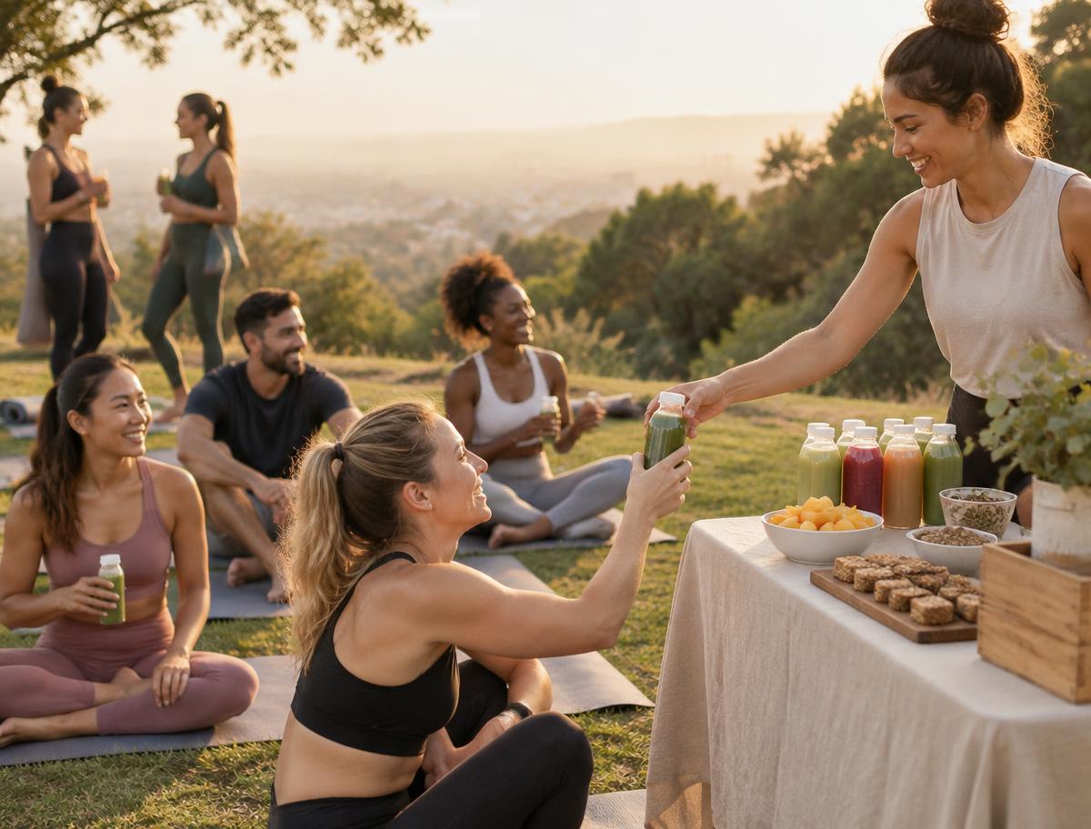 Participantes de uma aula de yoga ao ar livre recebendo e experimentando bebidas e snacks em uma ativação de produto
