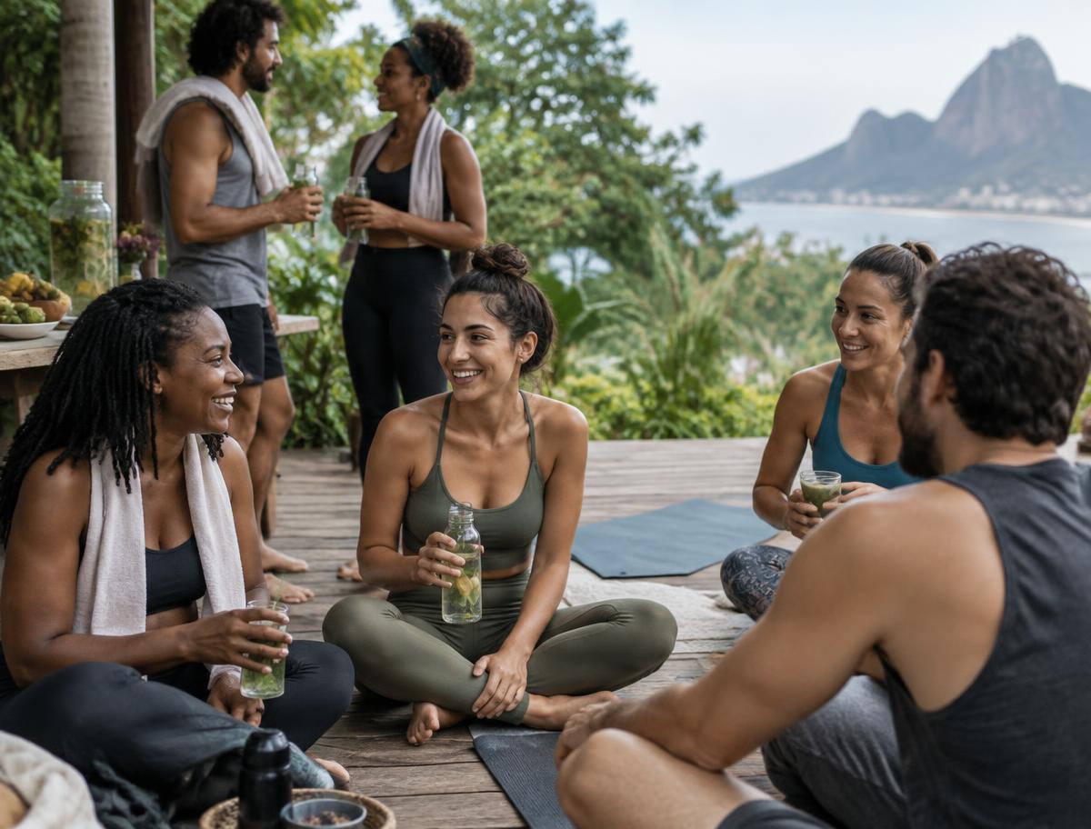 Grupo reunido depois de uma aula de bem-estar ao ar livre